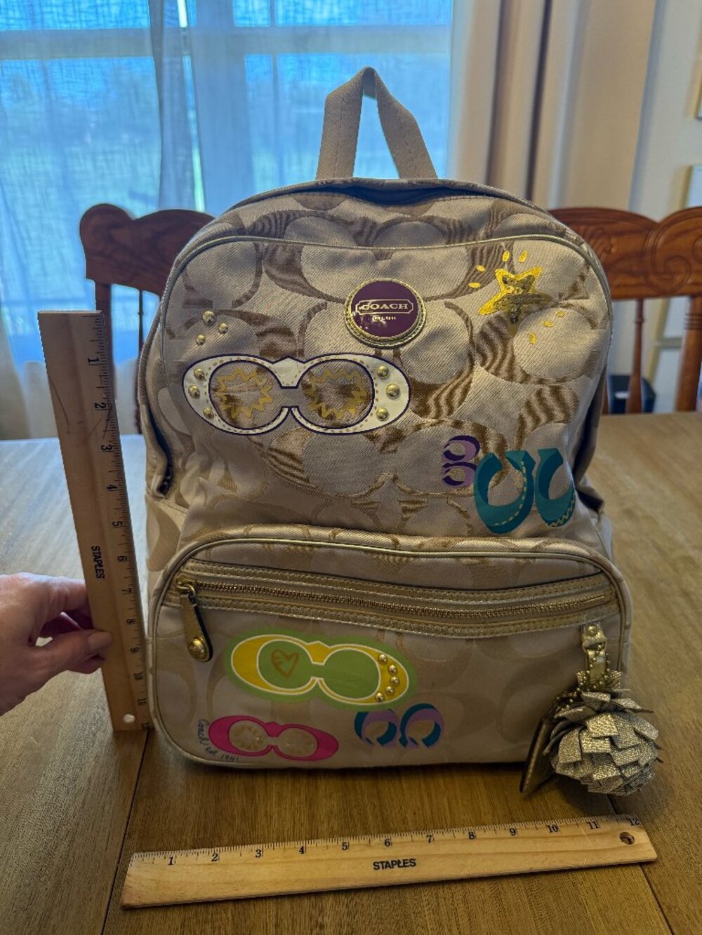 Coach Poppy Graffiti Signature Sateen Backpack F17939 Khaki Gold Metallic